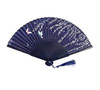 Wresetly Éventail pliable en dentelle en bambou - Bleu - Papillon et fleurs blanches - Bleu foncé