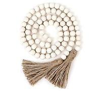 Wresetly Guirlande de perles en bois avec pompons, perles rustiques pour décoration de campagne, style bohème, couleur bois