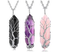 Wresetly Lot de 3 colliers en cristal enroulé en fil de fer avec pendentif en forme de point de cristal Reiki Guérison Naturelle Hexagonale, Agate noire + améthyste + cristal rose