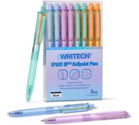 WRITECH Lot de 8 stylos à bille Space Up couleur pastel rétractables encre noire pointe fine 0,7 mm écriture ultra fluide encre à faible viscosité clic silencieux