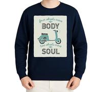 WriteFusion Four Wheels Move The Body Two Wheels Move The Soul - Retro Roller Design, Vespa, Moto, Biker, Bleu marine, XXL