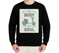 WriteFusion Four Wheels Move The Body Two Wheels Move The Soul - Retro Roller Design, Vespa, Moto, Biker, Noir , XXL