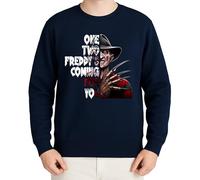 WriteFusion One Two Freddy's Coming for You - Design emblématique horreur avec gant à griffes et visage brûlé, motif d'Halloween parfait pour les fans de slashers, Bleu marine, S