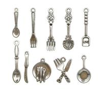 WRITWAA 100 Pièces Pendentifs la Cuisine en Alliage Noir Set de Couvert Cuillère Fourchette Plat Accessoires DIY pour Bijoux Décoration Téléphone et Réparation