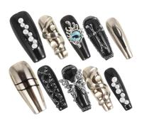 WRITWAA 10pièces Faux Ongles Noirs à Coller Style Cercueil Motifs Croix Et Et Filles Lot