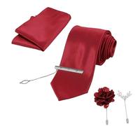 WRITWAA 5 Pièces Ensemble de Cravates pour Hommes avec Pochette, Pince à Cravate et Broche, Rouge, Polyester, Alliage et Fer, pour Affaires et Cérémonies Spéciales, Boîte Présent