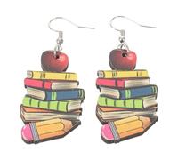 WRITWAA Boucles d'oreilles pendantes en bois en forme de livre (1 paire) - Motif pomme - Idéales pour les bibliothécaires, les étudiantes, les remises de diplômes et la rentrée scolaire.