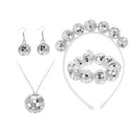 WRITWAA Ensemble Bijoux Disco Pour Femmes Miroir Boule à Facettes Vintage Métal Argenté Boucle D’oreille Pendante, Collier, Bracelet Et Bandeau Pour Soirée Fête Années 70