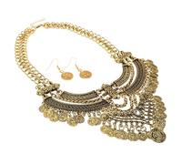 WRITWAA Ensemble Collier Plastron Bohème avec Pièces de Monnaie et Boucles D'oreilles Assorties, Chaîne Épaisse Courte en Métal Doré, Bijoux Femme Mode Ethnique pour Fêtes et Quotidien