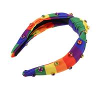 WRITWAA Non-slip Rainbow Knotted Headband With Rhinestones Stripes Wide Hair Hoop For Women And Lightweight Pride Hairband Festival Accessory