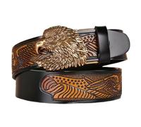 WRJAHCG Ceinture Homme Cuir, Ceinture de CowBoy Occidental Série Aigle, Ceinture Cliquet Vintage en Relief avec Motif Tête D'aigle Boucle Décorative en Alliage,Black a,130CM/51.2''