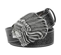 WRJAHCG Ceinture Homme Cuir, Ceinture de Nouveauté Boucle, Retro Western Cowboy Ceinture, Ceinture à boucle Indian Head en cuir embossé, Pour Robe Jeans,Noir,105CM/41.3''