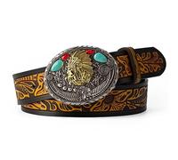 WRJAHCG Ceinture Homme Western Cowboy, Ceinture Hommes Cuir, Ceinture de cow-boy avec boucle à motif de tête amérindienne 3D Ceinture en relief vintage,A camel,130CM/51.2''