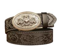 WRJAHCG Ceinture Hommes Cliquet, Ceinture de Western CowBoy, Ceinture Vintage en Relief en Cuir avec Motif Tête de Loup Boucle décorative Ovale en Alliage,Black b,110CM/43.3''