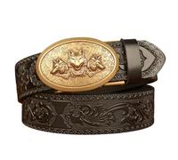 WRJAHCG Ceinture Hommes Cliquet, Ceinture de Western CowBoy, Ceinture Vintage en Relief en Cuir avec Motif Tête de Loup Boucle décorative Ovale en Alliage,Black a,120CM/47.3''