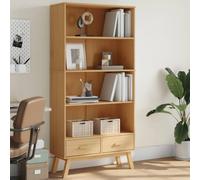 WRJENFSC Bibliothèque à 4 compartiments et 2 tiroirs en bois massif de pin marron - Étagère étroite et haute - Design scandinave - Pour salon, bureau