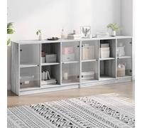 WRJENFSC Bibliothèque avec portes en verre gris sonoma 204 x 37 x 75 cm - Buffet moderne - Avec 12 compartiments - Matériau du bois et verre - Pour salon, couloir, maison, bureau