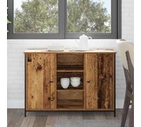 WRJENFSC Buffet en bois recyclé 100 x 35 x 70 cm en panneau de particules avec pieds en acier, meuble bas rustique marron mat, 2 portes, charge maximale 50 kg, montage facile pour salle à manger