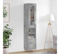 WRJENFSC Buffet haut gris béton 34,5 x 34 x 180 cm en matériau dérivé du bois avec pieds en métal, miracle de rangement pour cuisine, salon et couloir, design moderne avec fixation murale