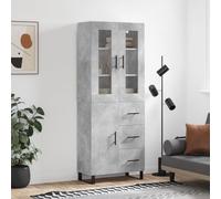 WRJENFSC Buffet haut gris béton - 69,5 x 34 x 180 cm - En matériau dérivé du bois - Avec façade en verre et pieds en métal - Design moderne pour salon, couloir, chambre à coucher
