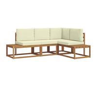 WRJENFSC Ensemble de canapé d'extérieur 4 pièces en bois d'acacia modulable avec coussin d'assise crème, canapé d'angle pour terrasse, jardin et balcon, salon en bois massif naturel, 213,5 x 154,5 x