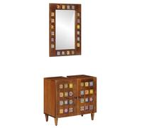 WRJENFSC Ensemble de meubles de salle de bain, 2 pièces, montage mural, en bois de manguier, noyer, 62 x 33 x 58 cm, avec miroir de salle de bain, 50 x 70 cm, petite armoire de salle de bain, pour