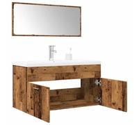 WRJENFSC Ensemble de meubles de salle de bain 3 pièces aspect bois vieilli 90 x 38,5 x 46 cm en bois massif avec lavabo en céramique et miroir de 90 cm Moderne et robuste pour petite salle de bain