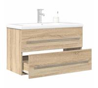 WRJENFSC Ensemble Meuble lavabo Salle de Bain 2 pcs en chêne Sonoma 80 x 38,5 x 48 cm avec Vasque en céramique Blanche et Robinet Mural pour Toilettes et pièces humides