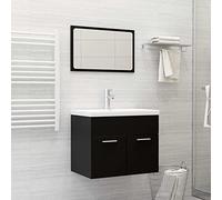 WRJENFSC Ensemble Meuble Salle de Bain Noir aggloméré 60 x 38,5 x 46 cm avec lavabo céramique Blanche et Miroir Contemporain, Moderne et Robuste pour Salle d’Eau et WC