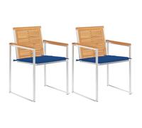 WRJENFSC Lot 2 Chaises de Jardin en Teck Massif 60x56x85 cm avec Coussin 50x50 cm Bleu Royal, Acier Inoxydable 304, Design Moderne et Durable pour terrasse Balcon Fauteuil Exterieur