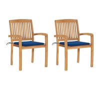 WRJENFSC Lot de 2 chaises de jardin en teck - 60 x 57,5 x 90 cm - Avec coussin bleu roi - Dossier à lattes empilables - Pour balcon, terrasse, camping