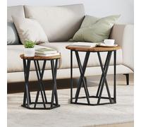 WRJENFSC Lot de 2 tables basses et d'appoint rustiques - Rondes - En bois recyclé marron vieilli - Cadre en métal noir mat - Pour salon - Décoration vintage