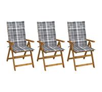WRJENFSC Lot de 3 chaises Pliables Bois Acacia huilé 57 x 69 x 111 cm, Inclinaison 5 Positions avec Coussin Carreaux Gris 120 x 50 cm, Robustes pour Jardin terrasse Balcon Camping