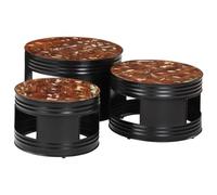 WRJENFSC Lot de 3 tables d'appoint design tonneau en bois recyclé massif noir empilable pour table basse, table de chevet, salon, chambre à coucher