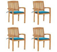 WRJENFSC Lot de 4 chaises de jardin empilables en bois de teck massif - 60 x 57,5 x 90 cm - Avec coussin bleu - Résistant aux intempéries - Pour terrasse, balcon et jardin d'hiver