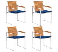 WRJENFSC Lot de 4 chaises de jardin en bois d'acacia 60 × 56 × 85 cm, empilables, acier inoxydable, coussin bleu roi, pour terrasse, balcon, camping