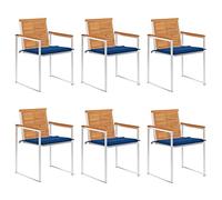 WRJENFSC Lot de 6 chaises de jardin en bois massif d'acacia - 60 x 56 x 85 cm - Coussin bleu roi - Structure en acier inoxydable - Empilables - Résistant aux intempéries - Pour terrasse, balcon