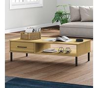 WRJENFSC Oslo Table basse en pin massif avec pieds en métal, marron, 100 x 55 x 29 cm, pour salon, avec tiroir et compartiment de rangement