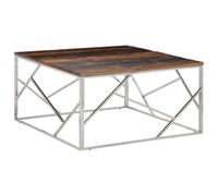 WRJENFSC Table basse en acier inoxydable argenté et traverses en bois massif - 100 x 100 x 50 cm - Design moderne - Robuste - Facile d'entretien - Pour salon