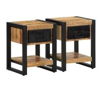 WRJENFSC Tables de Chevet 2 pcs Bois de manguier Massif Brut 35 x 34 x 45 cm, Design Industriel avec Pieds en Fer pour Chambre Salon et Bureau, Table de Nuit Robuste et Stable