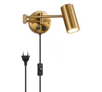 WRMING Lampe de Lecture Murale avec Prise et USB, E27, Dorée | 7W 3000K Applique Murale de Chevet, Câble 150 cm, Bras articulé orientabl, pour Chambre Salon Bureau