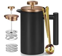 Wrobic French Press Cafetière à piston en acier inoxydable, 1000 ml, double paroi, isolée, pour café et thé, avec 3 tamis supplémentaires et une cuillère à café, 34 oz, noire