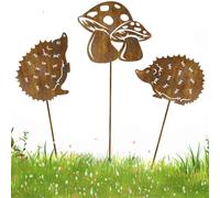 WRQIOO Lot de 3 piquets de jardin en forme de hérisson rouillé - Animaux hérissons et champignons - Décoration de jardin en métal rouillé pour pelouse, cour, balcon, pot de fleurs