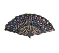 Wrtysully Eventail pliant a la main pour Tissu noir Motif colore de plume de paon