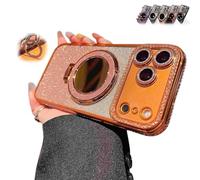 WRYHAUL Gradient Glitter Holder Makeup Mirror Protective Case for iPhone 17/16/15 Series, 2026 New Magnetic Kickstand Glitter Case with Camera Protector and Invisible Stand (15,Orange)
