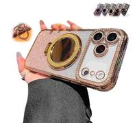 WRYHAUL Gradient Glitter Holder Makeup Mirror Protective Case for iPhone 17/16/15 Series, 2026 New Magnetic Kickstand Glitter Case with Camera Protector and Invisible Stand (15,Gold)