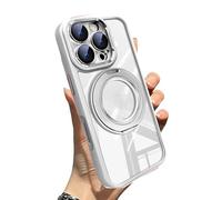 WRYHAUL Lekcase for iPhone 17 Series 360° Magnetic Case with Rotating Stand, Anti-Fall Transparent Bracket Case with Magnetic O Ring Invisible Stand (15 Pro-Max,White)