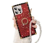 WRYHAUL Snowdoves-TM Sparkle Crystal Bracelet for iPhone Case, Clear Diamond Glitter Bling Sparkle Case, Four Corners Electroplated Magnetic Stand Protective Cover (16 Pro-Max,Red)