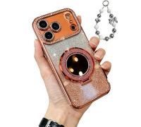 WRYHAUL Sparkling Diamond Women's Phone Case with Mirror & Stand for iPhone 17 Pro Max, Luxury Bling Crystal Rhinestone Phone Case with Sparkle Crystal Bracelets (16 Pro-Max,Orange)