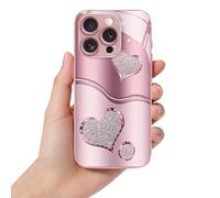 WRYHAUL Sparkling Heart Hard Case for iPhone 17/16/15, Curve Double Heart Hard Case Tempered Glass Phone Case, Full-Coverage Drop Protection Phones Cases (15Pro-Max,B)